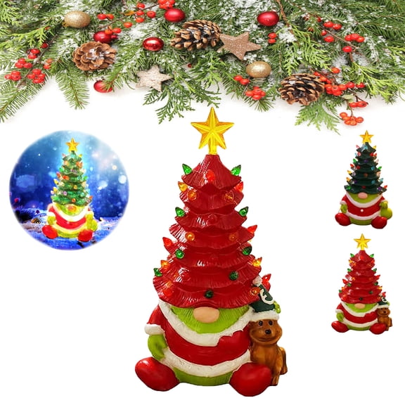 Lighted Christmas Gnomes Decorations, 8 Inch Faceless Old Man Ceramic Christmas Tree, Small Mini Prelit Xmas Holiday Decor for Tabletop Home Room Table Fireplace Office, Christmas Gift Decor