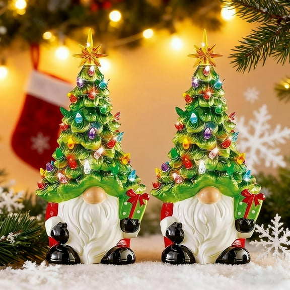 Lighted Christmas Gnomes Tree, 8 Inch Faceless Old Man Ceramic Christmas Tree, Mini Prelit Hand Painted Christmass Trees That Light Up, DIY Resin Gnomes Ornament for Tabletop Home Room(1pc)