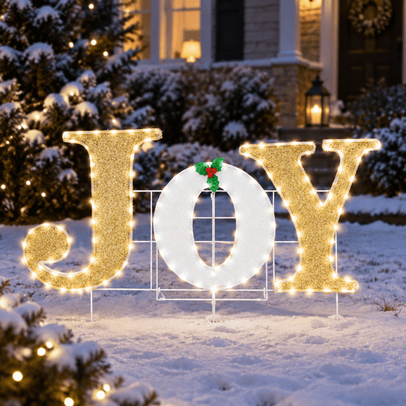 Lighted Christmas Joy Decoration with Holly Berries, 129 LED Lights, Indoor Outdoor Use