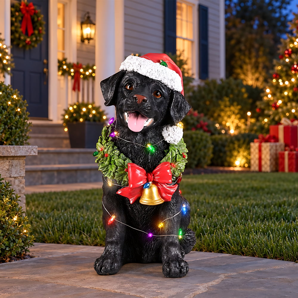 Lighted Christmas Labrador Retriever Dog Statue with Santa Hat Wreath ...