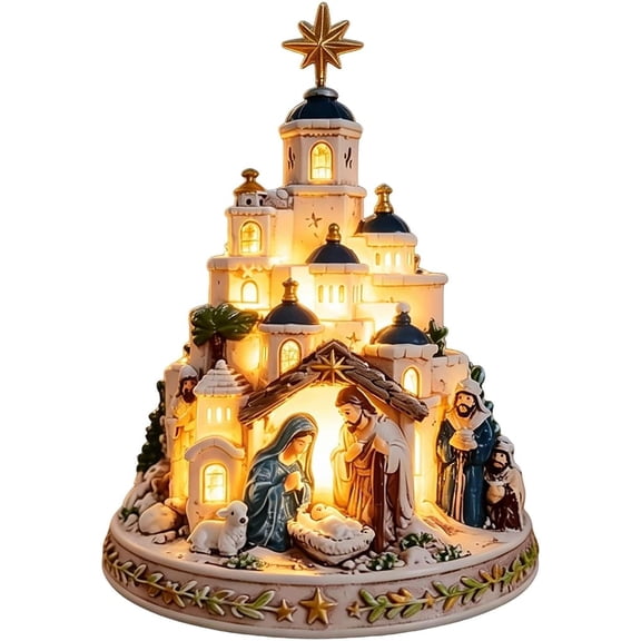 Lighted Christmas Nativity Scene, Nativity Scene with Star Glowing Church Tower & Figurine