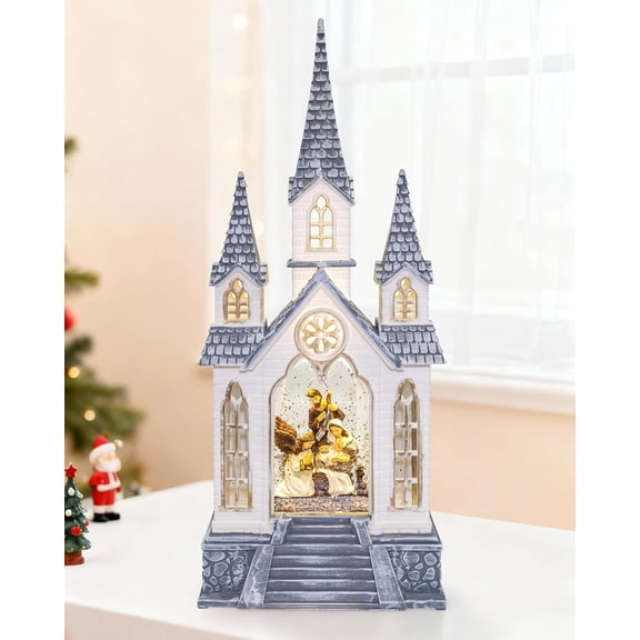 Lighted Christmas Nativity Snow Globe with Music, 9.84" White Church Snowglobe Decor, 6H Timer, Dual Power, Rotating Angel, Christmas Decoration Xmas Gifts for Kids & Adults
