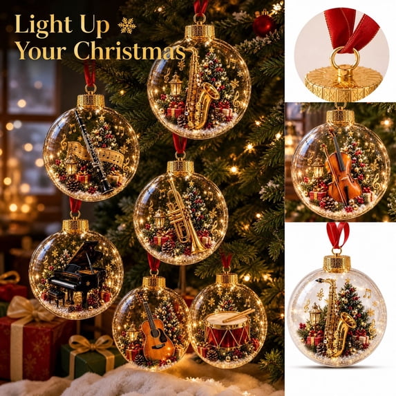 Lighted Christmas Ornament with 3D Clarinet and Music Note Design, 1-Pack, Clear Sphere with Gold Cap and Red Ribbon, for Christmas Tree Hanging, Christmas Decoration