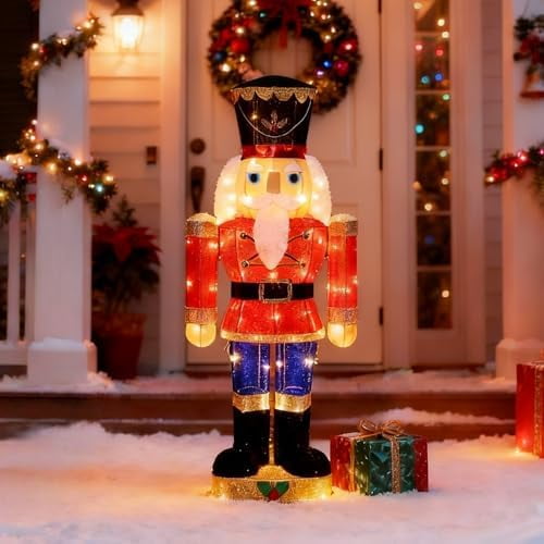 Lighted Christmas Outdoor Decor, 37.5" Height Pre-Lit 3D Tinsel Xmas Nutcracker Soldier Figure, Light Up Xmas Yard Displays, Plug in for Holiday Party New Year Winter Patio Lawn Garden