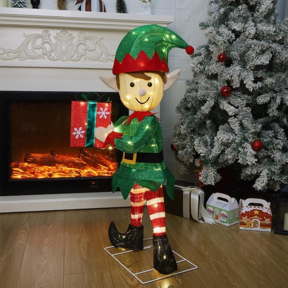 Lighted Christmas Outdoor Decor, 38" Height Pre-Lit 3D Tinsel Xmas Green Elf Figure, Light Up Xmas Yard Displays, Plug in for Holiday Party New Year Winter Patio Lawn Garden$$Garden & Patio