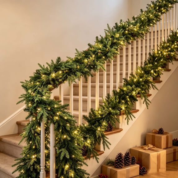 Lighted Christmas Pine Garland, Artificial Norfolk Leaves and Mixed Evergreen Sprigs with Soft Rubber Texture, Holiday Decor for Fireplace/Mantel/Table/Staircase, Indoor Holiday Display, Green-L