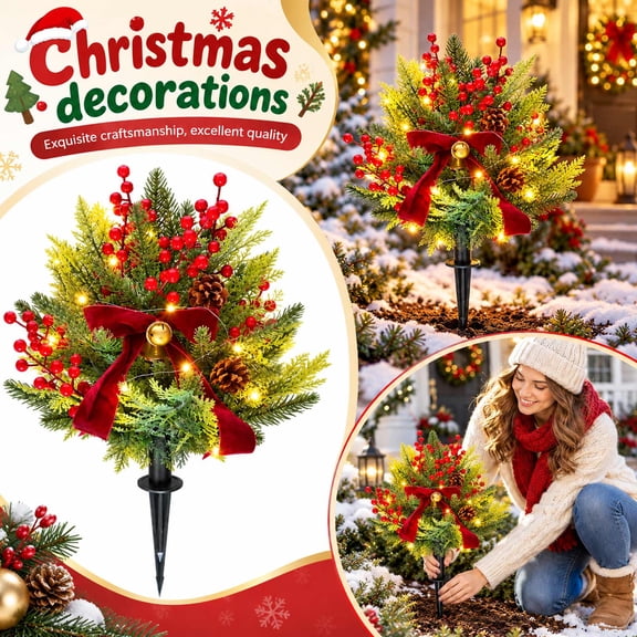 Lighted Christmas Pine Needle Garden Stake, 24 Inch Cedar Pathway Marker with Berries for Patio & Walkway