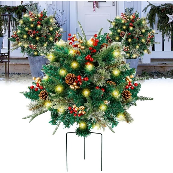 Lighted Christmas Planter Filler, Pre-lit Artificial Outdoor Decor with 60 LED Lights, Faux Pine Red Berries and Tripod Stake for Holiday Urns, Porch and Home Decor