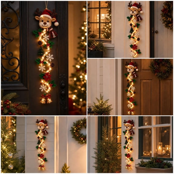 Lighted Christmas Reindeer Door Hanger, Merry Cascade Glowing Christmas Door Hanging Decor with Warm Lights, Christmas Indoor Outdoor Decorations