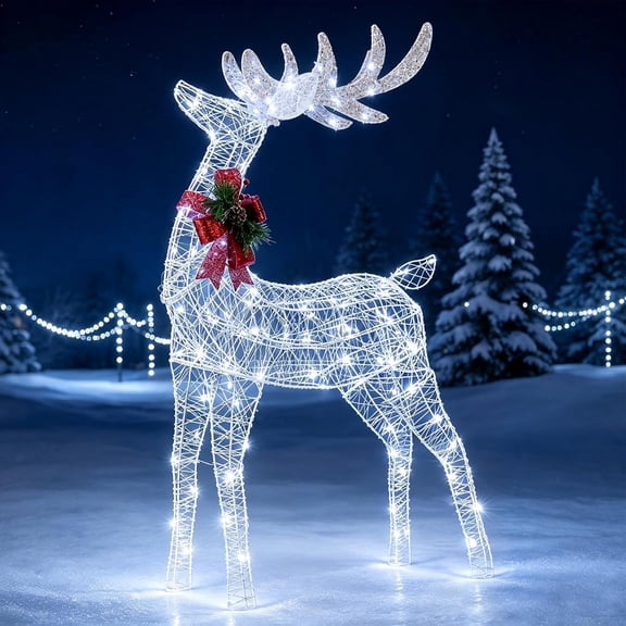 Lighted Christmas Reindeer, Outdoor 3D Standing Deer Decorations 50 Cold White LED Lights, Artificial Christmas Decor, Ground Stakes, Xmas Decorations Lighted Holiday Displays for Yard Party