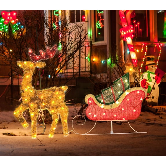 Lighted Christmas Reindeer Sleigh Outdoor Yard Decoration, 65 Lights Christmas Deer Outdoor Decoration, Waterproof Outdoor Christmas Deer Decorations for Yard Patio Lawn Garden Party C91