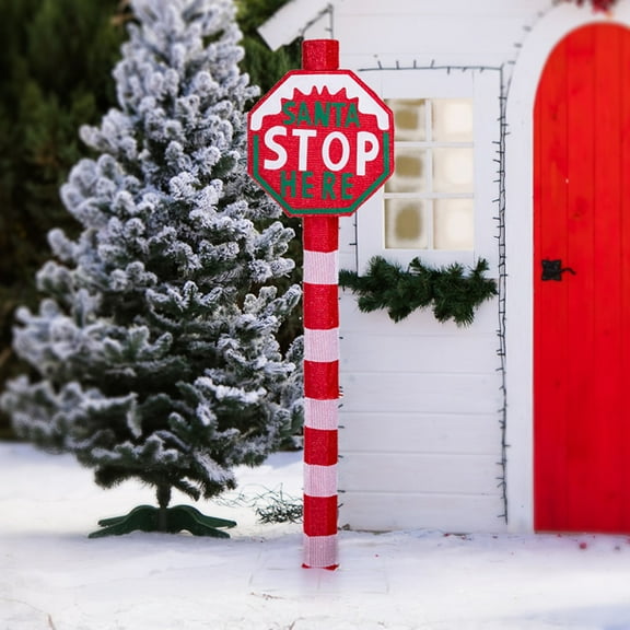 Lighted Christmas Road Sign - 70 White LED Lights, Weather-Resistant Metal/Fabric, Collapsible Design (w/Ground Stakes) - Indoor/Outdoor Holiday Decor