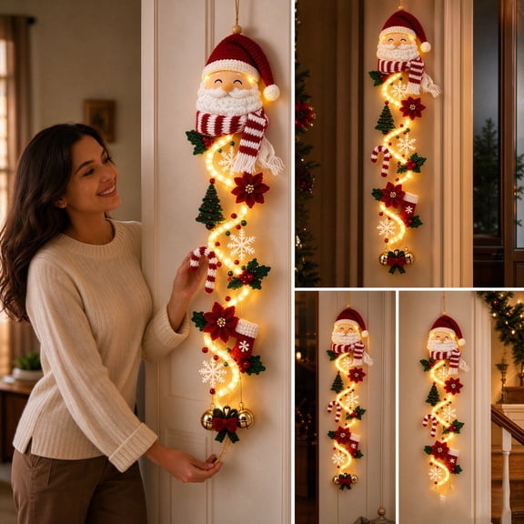 Lighted Christmas Santa Door Hanger, Merry Cascade Glowing Christmas Door Hanging Decor with Warm Lights, Christmas Indoor Outdoor Decorations