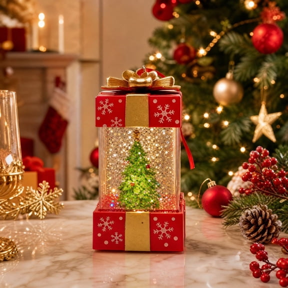 Lighted Christmas Snow Globe Water Lantern Gift Box Tabletop Centerpiece With Swirling Glitter Home Decor