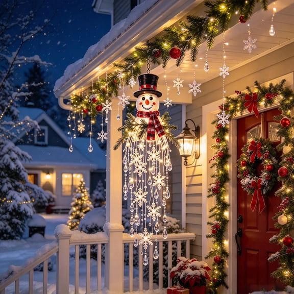 Lighted Christmas Snowman Cascade Hanging Decoration Waterfall Snowflake Ornament for Porch Window Tree Holiday Gift 15.75In