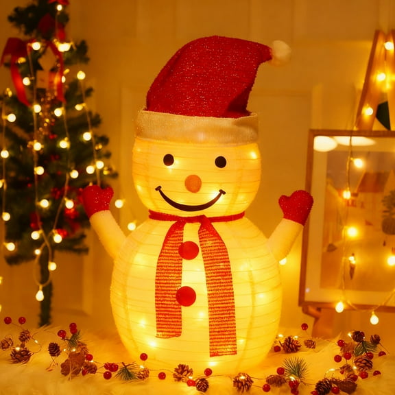 Lighted Christmas Snowman Decorations, 27 Inch 3D Snowman with LED Warm White Lights, Battery Powered Collapsible Prelit Snowman for Indoor Outdoor Christmas Garden Yard Xmas Decor