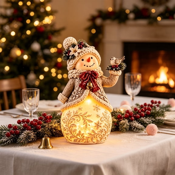 Lighted Christmas Snowman Figurine Resin Tabletop Decor with Warm LED Glow Holiday Decor for Home Mantel Cozy Winter Wonderland Gift 11.8 In