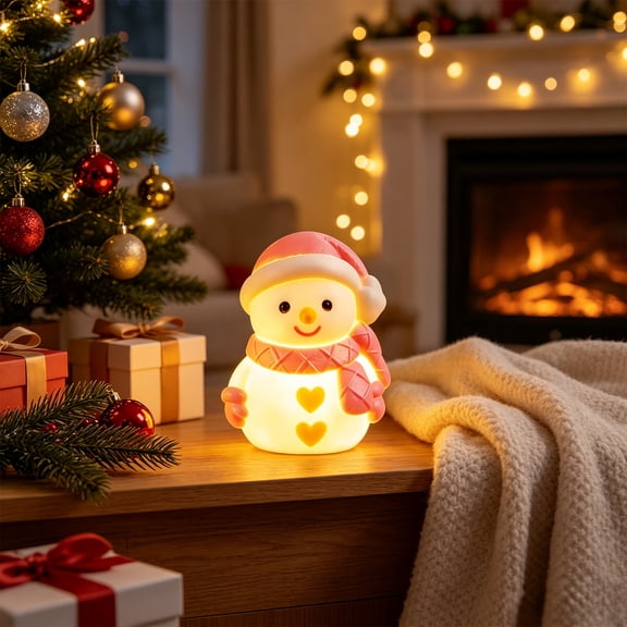 Lighted Christmas Snowman Night Light, Pink Finish, Mini Plastic Holiday Figurine for Tabletop, Mantel, Shelf, Bedroom or Gift