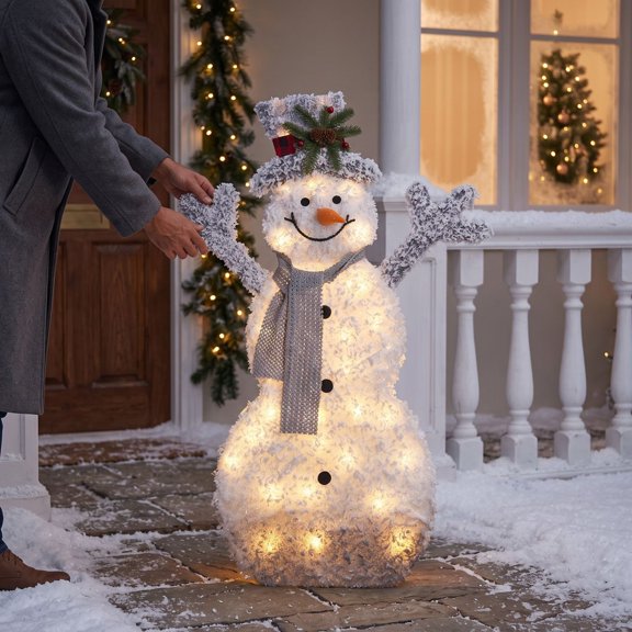 Lighted Christmas Snowman Statue 100cm Snow Flocked Iron Frame Pine Cones Red Berry LED Indoor Outdoor Decor 1 Count