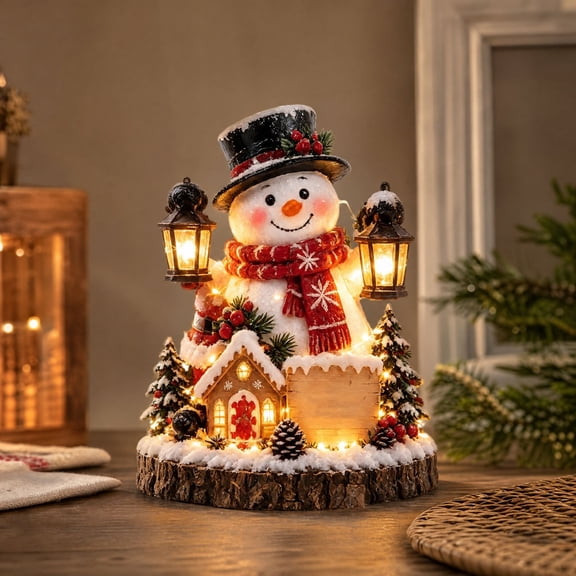 Lighted Christmas Snowman Tabletop Decor, 2D Flat Wooden Winter Scene Ornament with LED Lights, Xmas Snowy Tree Pine Cone Table Decoration for Holiday Home Decor