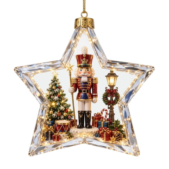 Lighted Christmas Star Ornament with Nutcracker Soldier, Clear Acrylic Hanging Bauble Warm LED for Xmas Tree Holiday Decor