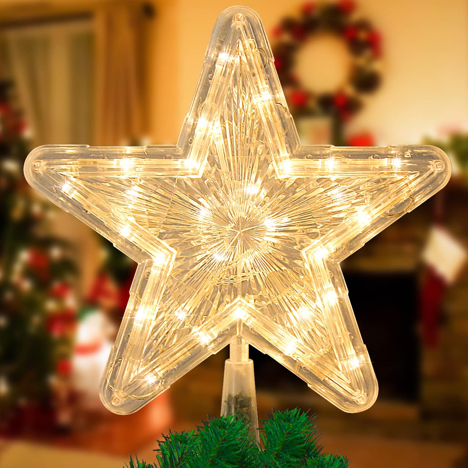 Lighted Christmas Star Tree Topper Battery Operated Xmas Tree Decor