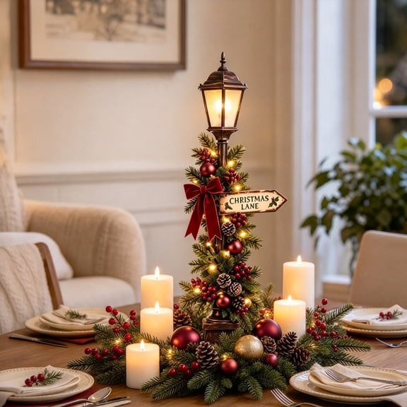 Lighted Christmas Street Lamp Tabletop Decor Christmas Lane Sign with Pine Branches 7.87 in Holiday Centerpiece