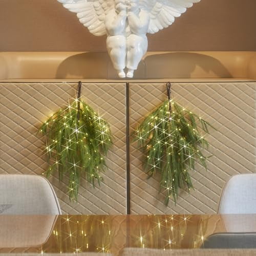 Lighted Christmas Swag 96 LED Fairy Lights 2 Pack, Lighted Norfolk Pine 22IN Battery Operated with Timer for Home Door Fireplace Christmas Decoration Indoor Outdoor$$Home Decor, Kitchen, & Other