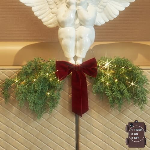 Lighted Christmas Swag Battery Operated with Timer, Cedar Pine Swag Lights 32IN 60 LED Fairy Lights with Red Bow for Home Fireplace Wall Window Door Christmas Decoration Indoor Outdoor
