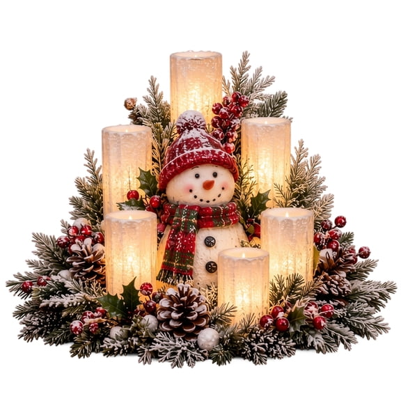 Lighted Christmas Table Centerpiece,Artificial Frosted Pine Greenery Arrangement with Flickering Flameless Candles,Festive Holiday Tabletop Ornament for Indoor Home Mantel and Dining Room Decor
