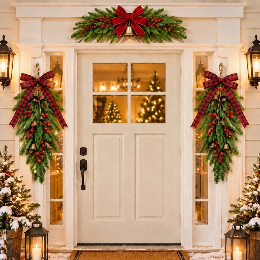 Lighted Christmas Teardrop Swag & Christmas Lintel Swag Wreath Set 3 ...