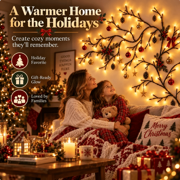 Lighted Christmas Tree Branch Wall Decor 4.9FT 72 LED,Christmas Decorations,Christmas Wall Hanging Ornament,Pre‑Lit Twig Tree Wall‑Mounted Decoration with Warm Lights Baubles for Indoor Home Decor