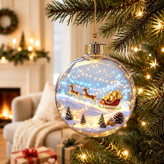 Lighted Christmas Tree Decor with Clear Shatterproof Plastic and Miniature Winter Scene for Festive Holiday Display, Illuminated Snow Globe Hanging Ornament for Living Room Tree