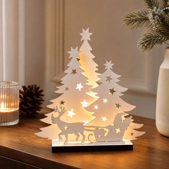 Lighted Christmas Tree Decor, Tabletop Tree Night Light, Battery Operated Holiday Accent for Mantel Bookshelf Desk Display, Layered Tree Silhouette with Star Cutouts Stable Base