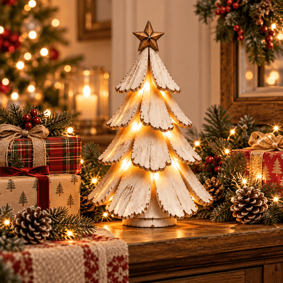 Christmas Tree Figurine, Christmas Tabletop Centerpiece with Glowing LED Lights, Winter Pine Festive Holiday Decor, Christmas Gift