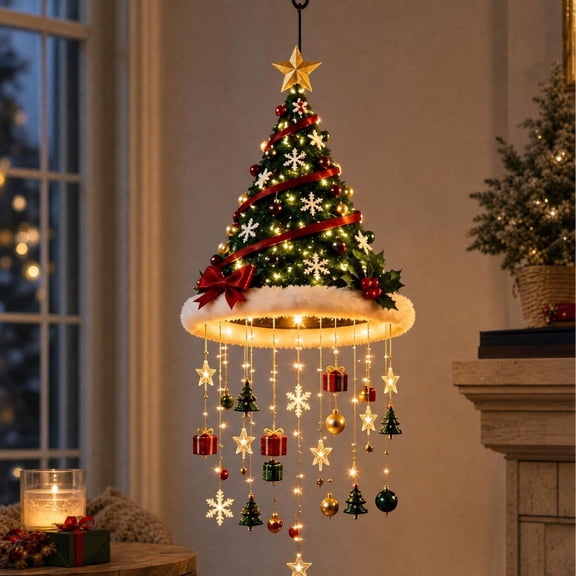 Lighted Christmas Tree Hanging Chandelier, Pre-lit Plush Christmas Tree Pendant with Star Topper Gift Box Snowflake, Glowing Christmas Hanging Decor for Window Ceiling Holiday Decoration