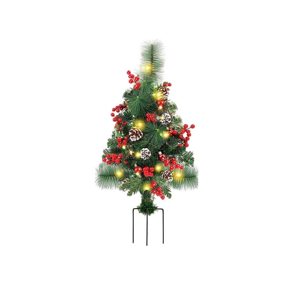 Lighted Christmas Tree Outdoor Planter Filler 75cm Pre Lit Artificial Tree with LED Lights Golden Red Berries Tripod Stake Cordless Battery Operated Timer Function