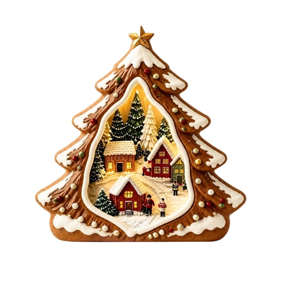 Lighted Christmas Tree Shaped Wooden House Decoration with Internal Led Lights and Snowy Village Scene, Brown and White, for Indoor Tabletop Display, Christmas Ornament