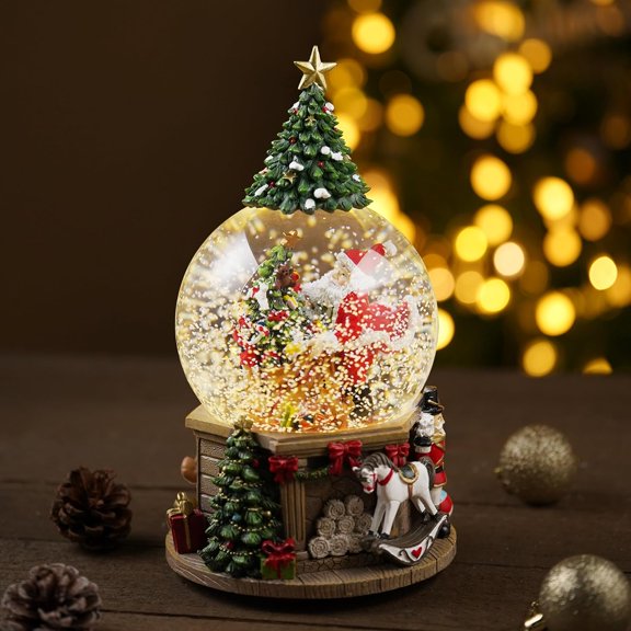 Lighted Christmas Tree Snow  Music Box with Automatic Snowfall Effect and 8 Melodies, Festive Santa Claus Scene Decoration Ornament for Home Holiday Party Gifts