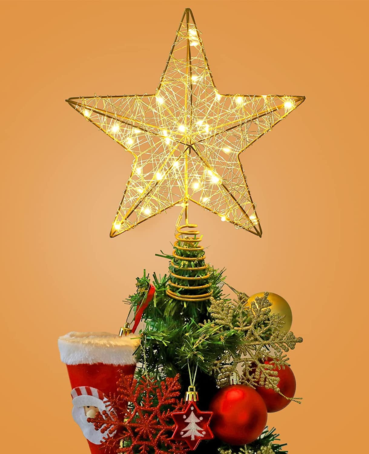 Lighted Christmas Tree Topper. 10 Inch Hollow Gold Lighted Tree Star