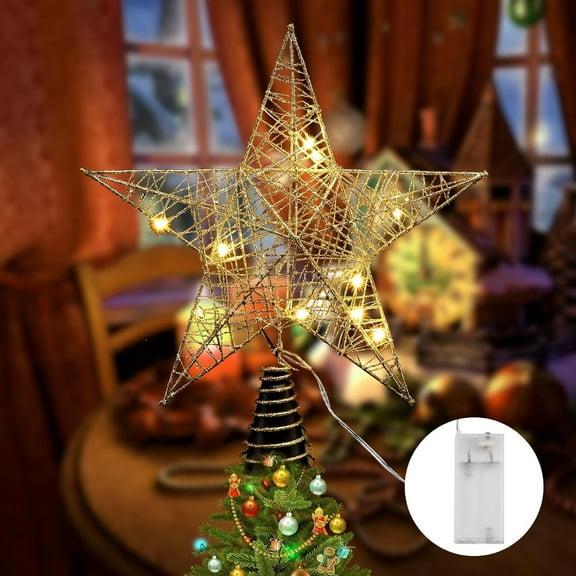 Lighted Christmas Tree Topper, 9 Inch Gold Glittered Metal Christmas Tree Decorations with 20 LED Lights, Xmas Tree Topper Holder for Home Party Holiday Winter Xmas Decorations