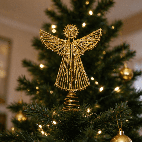 Lighted Christmas Tree Topper Angel, Gold Glitter Iron Wire Frame with ...
