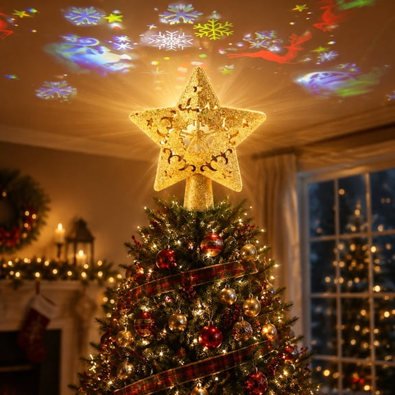 Lighted Christmas Tree Topper Star with LED Projector, 3D Golden Hollow Star Tree Topper, Rotating Ceiling Projection Light for Holiday Home Party Decor