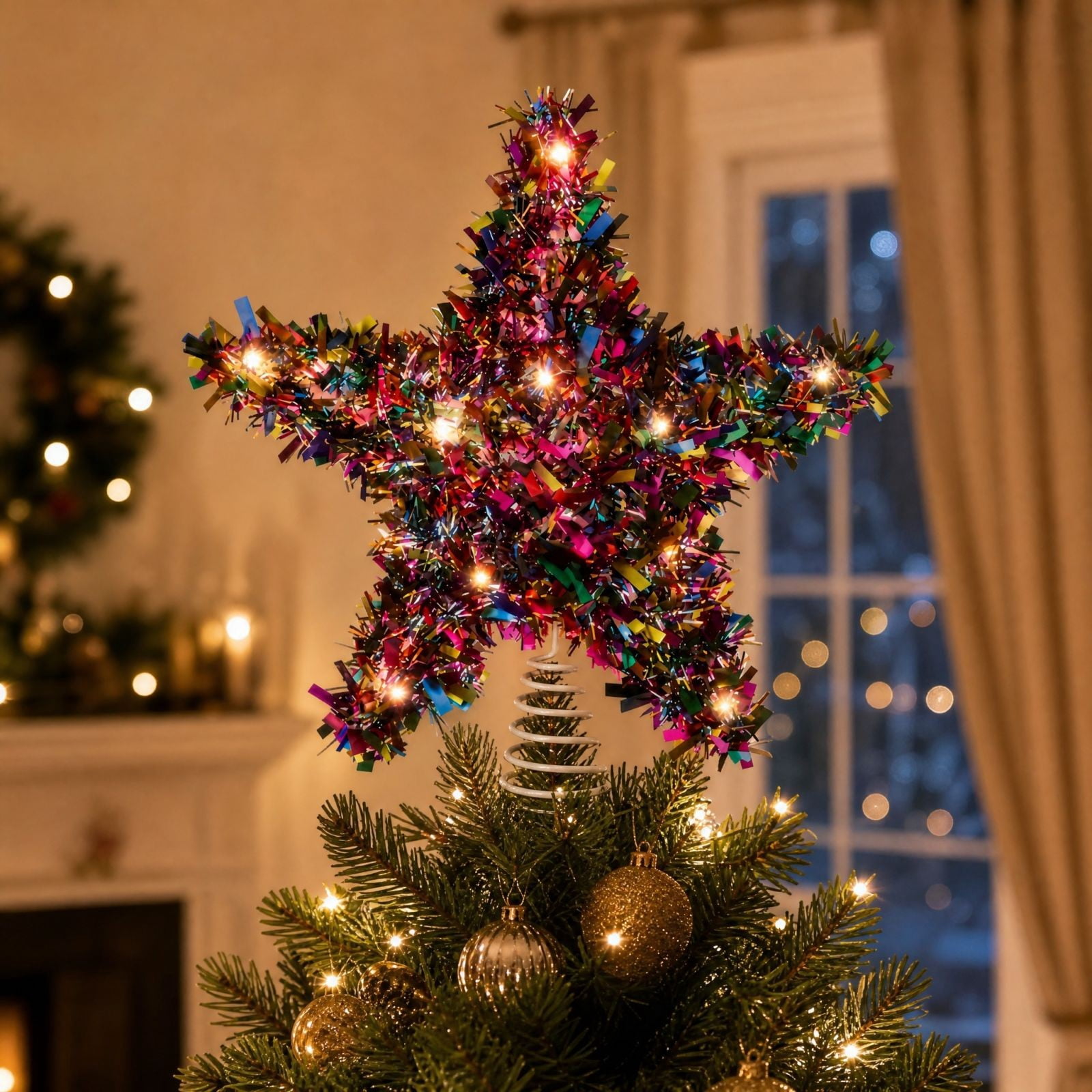 Lighted Christmas Tree Topper Star With Tinsel for Holiday Home Decor ...