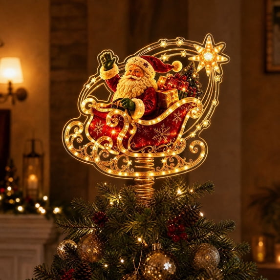Led Panel Christmas Tree Lighted Christmas Tree Topper with Santa Claus in Sleigh Design and Pre ...