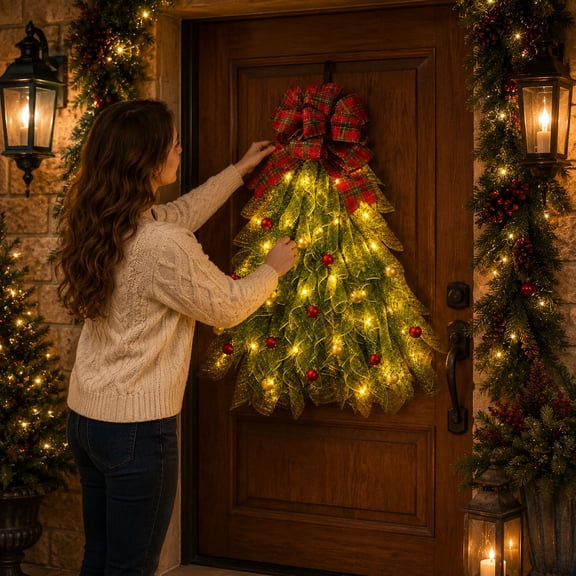 Lighted Christmas Tree Wreath, Glowing Handmade Garland with Plaid Bow, Front Door Wall Holiday Hanging Decor & Gift