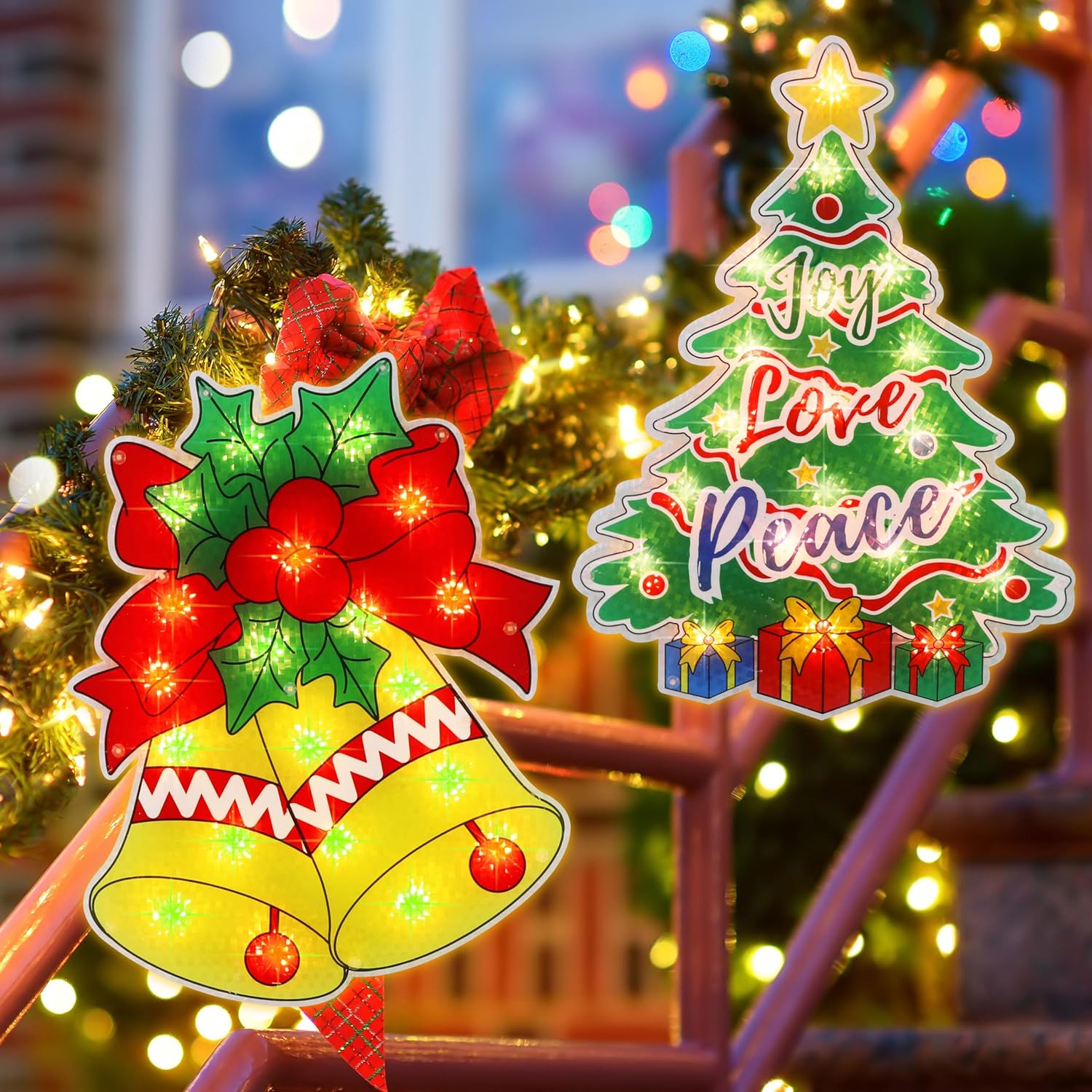 Lighted Christmas Tree and Bells Window Silhouette Lights (2 Pack