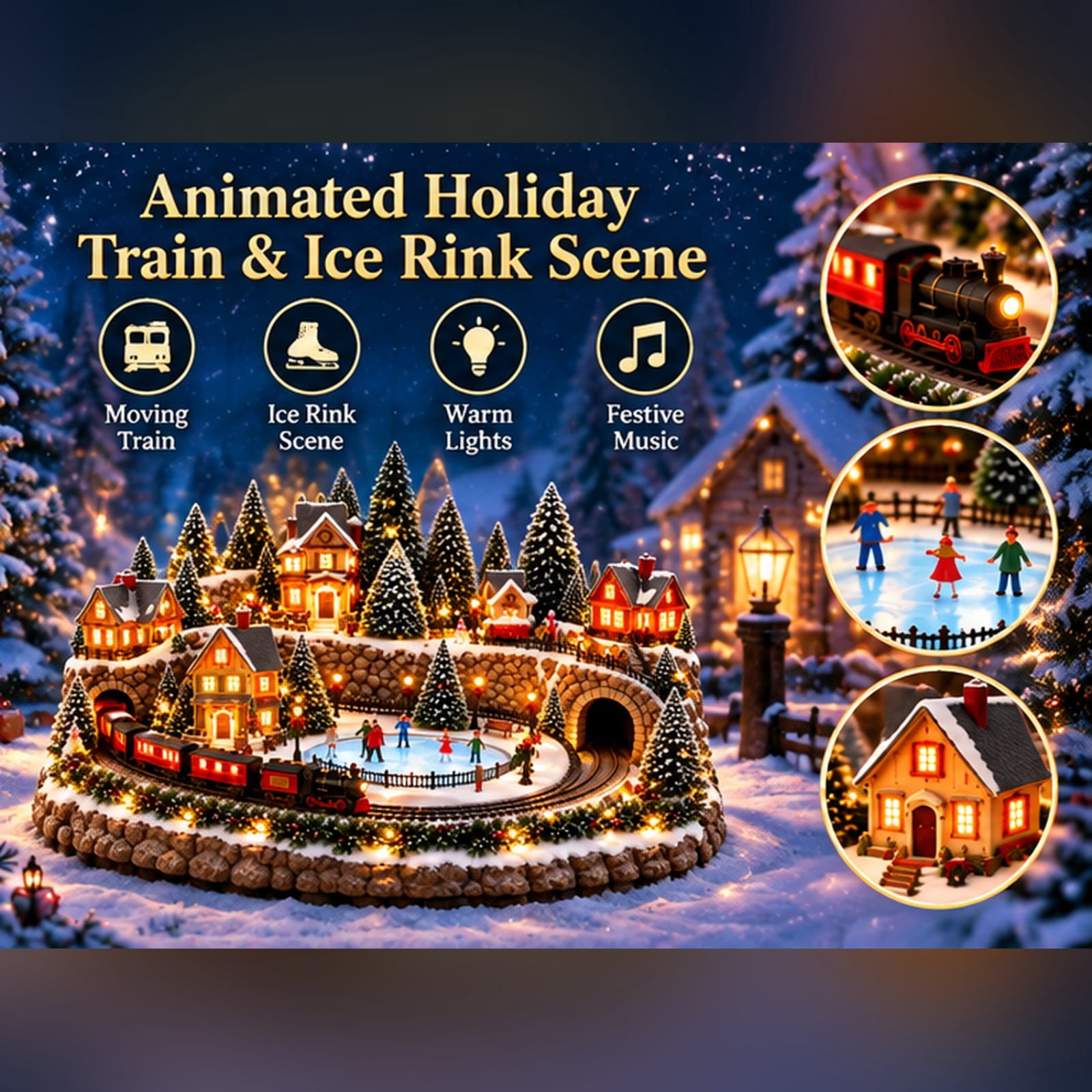 Lighted Christmas Village Display with Moving Train, Animated Holiday ...