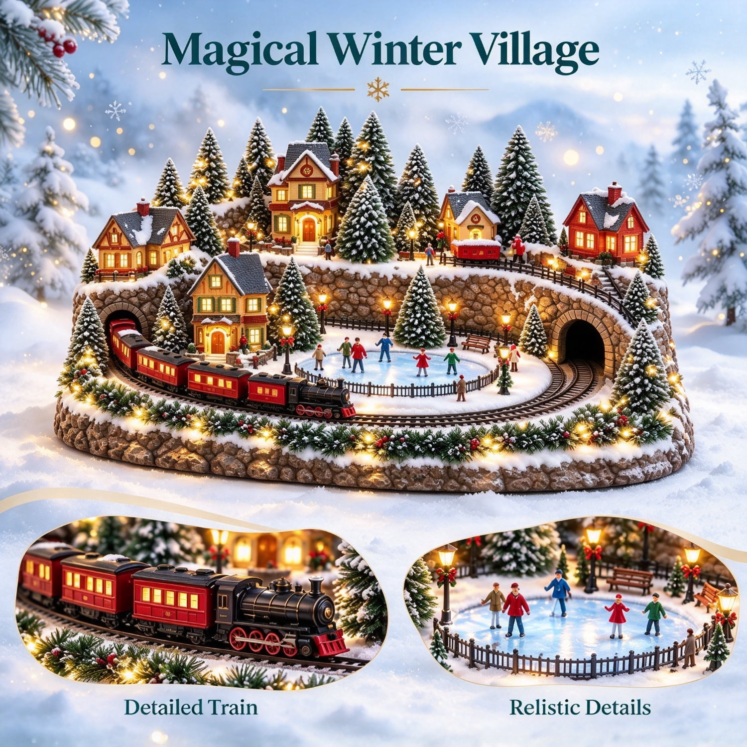 Lighted Christmas Village Display with Moving Train, Animated Holiday ...