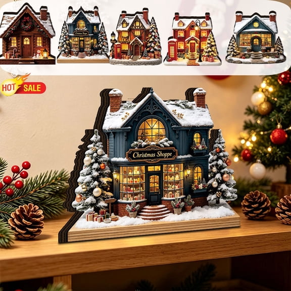 Lighted Christmas Village House Wooden Figurine, Warm LED Glowing Winter Snow Cottage Tabletop Ornament, Mini Xmas Cabin Decor for Mantel Coffee Table Shelf, Holiday Home Decorations & Gift